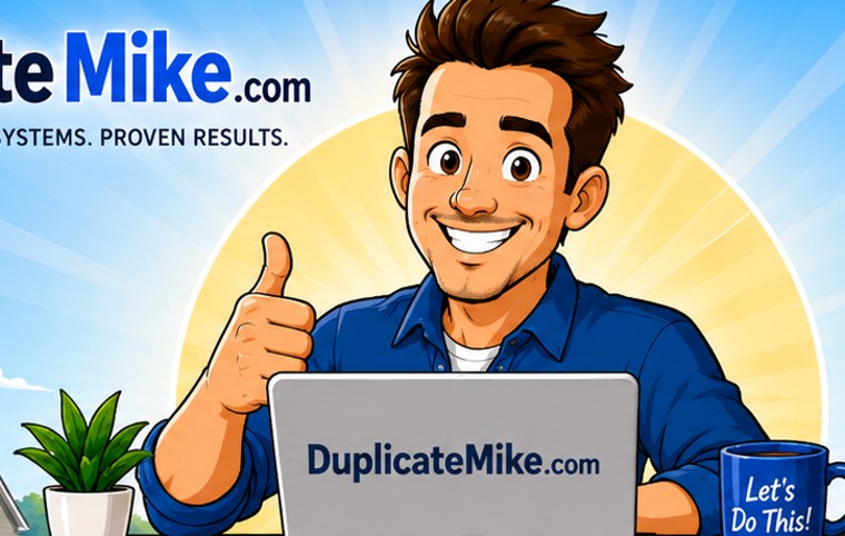 Friendly cartoon Mike with a laptop for DuplicateMike.com